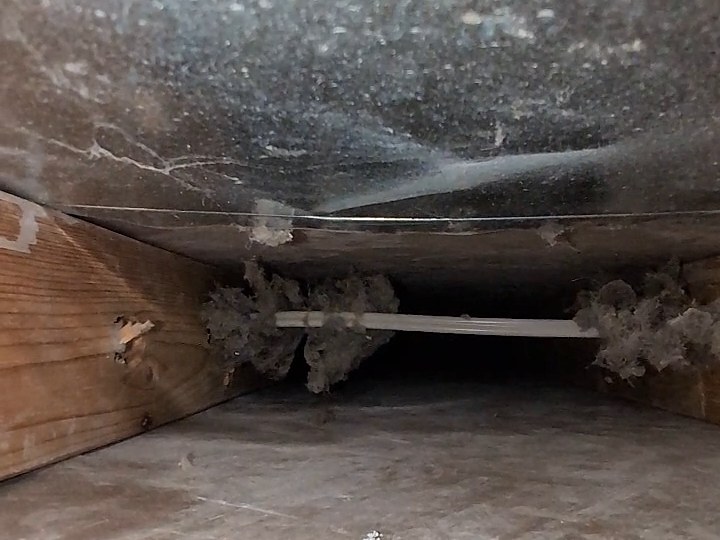 Grey dust clumps hanging off the electrical cable inside a return duct before cleaning