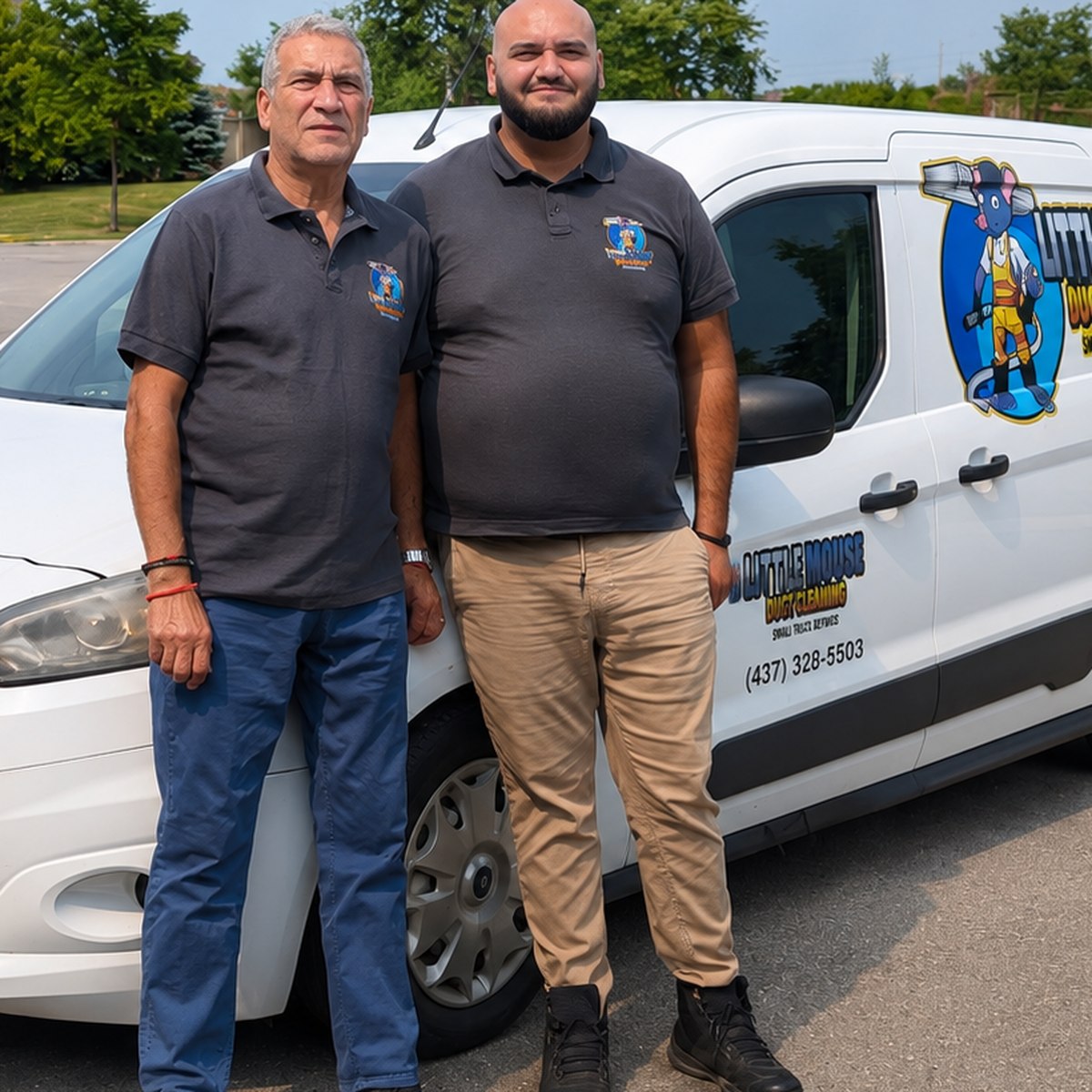 Jon and his dad beside their Little Mouse work van in Vaughan