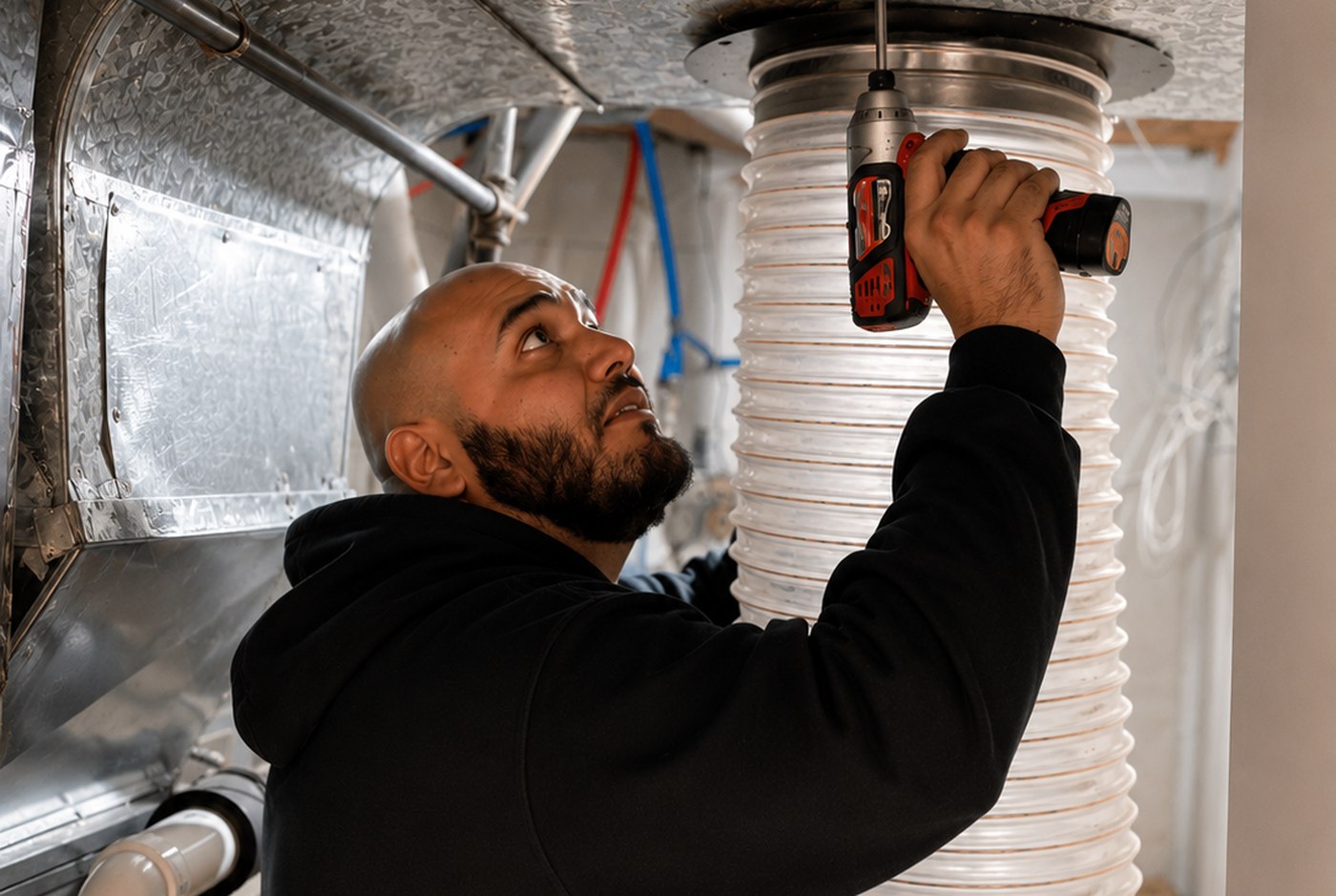 Jon fitting a duct connection on a job in Vaughan