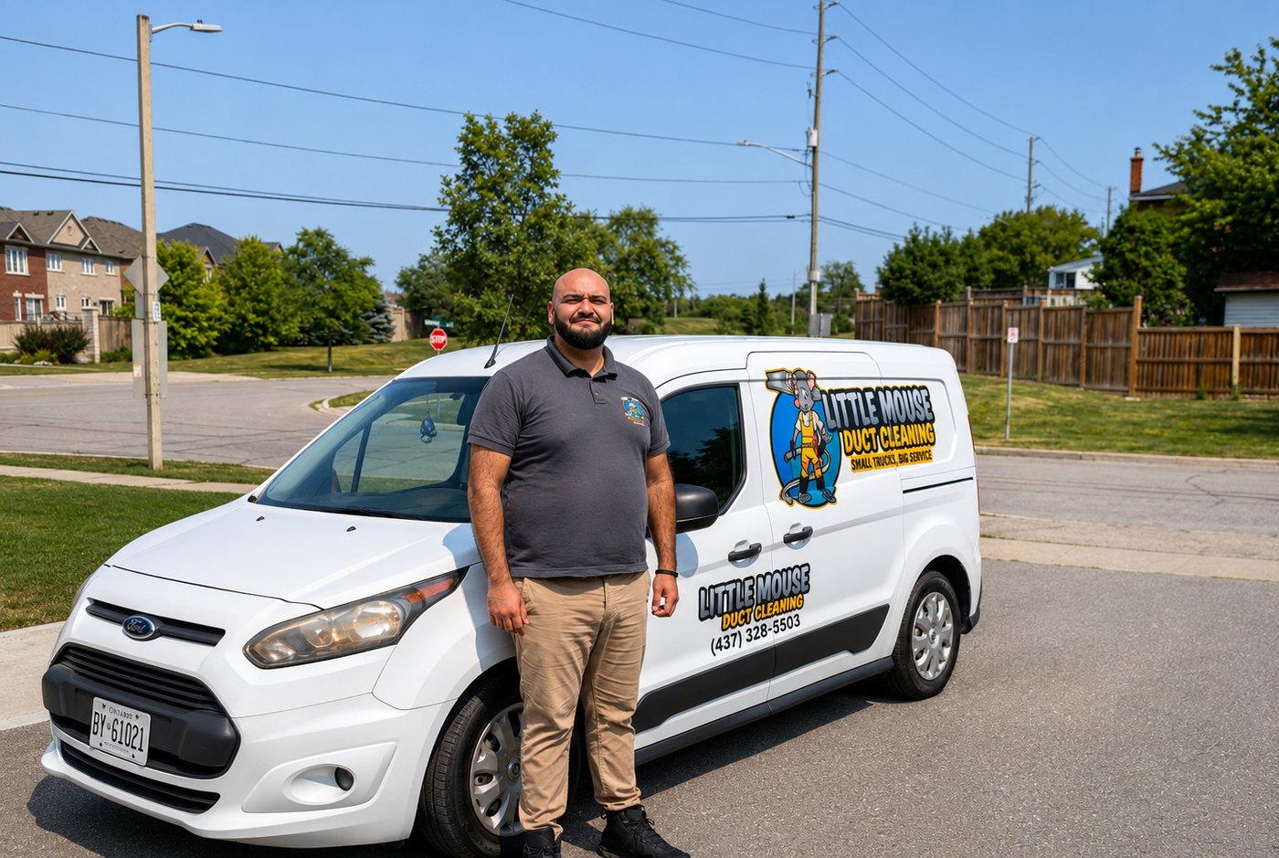 Jon beside the marked Little Mouse work van in Vaughan
